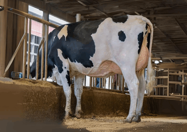 Zijaanzicht van een dochter van de zwartebonte holstein frysian stier Johnboy
